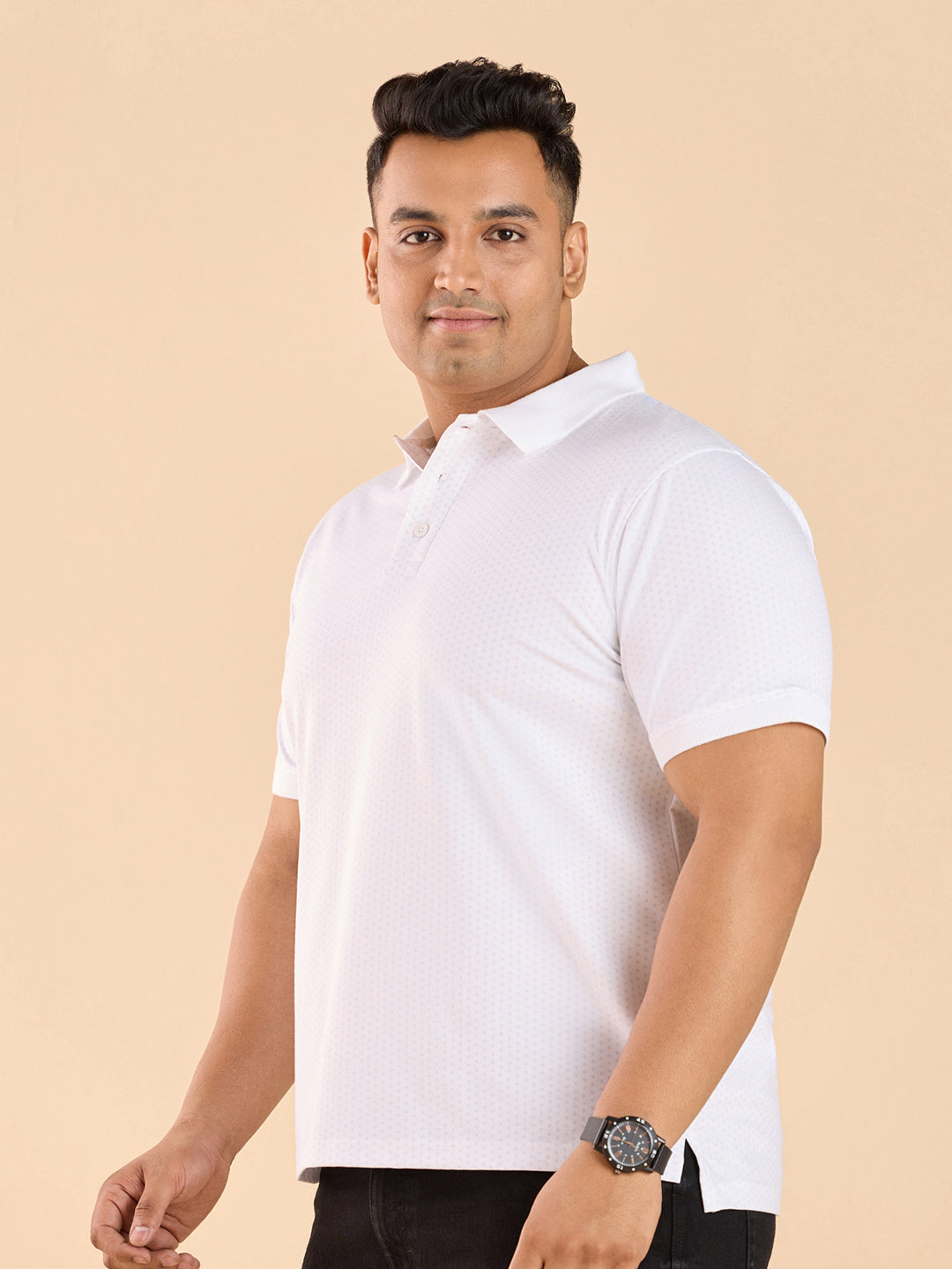 Get Plus Size Plus Size Premium Ditsy Geo Printed Stretch Polo T