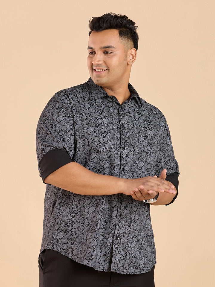 Monochrome Paisley Print Stretch Satin Shirt