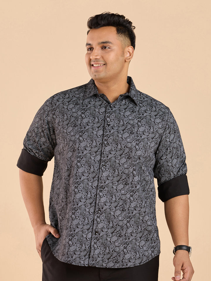 Monochrome Paisley Print Stretch Satin Shirt