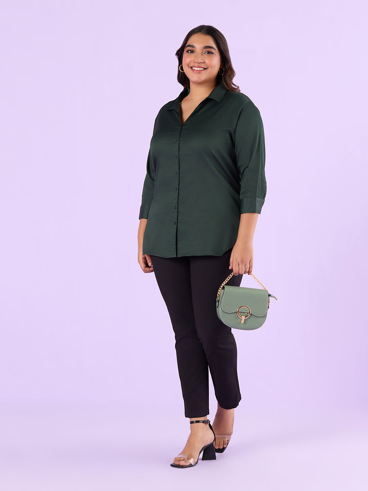 Bottle Green Satin Womens Shirt