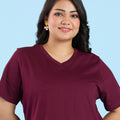 Plus Size Dark Wine V Neck T-Shirt | XL-7XL