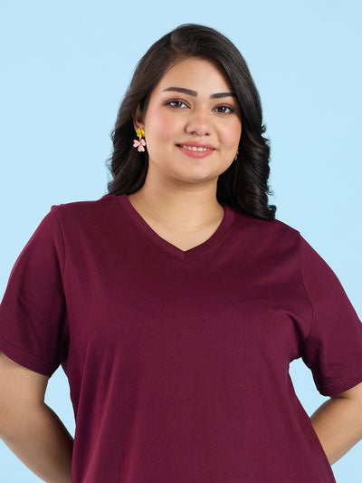 Plus Size Dark Wine V Neck T-Shirt | XL-7XL