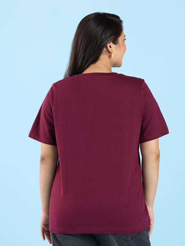 Plus Size Dark Wine V Neck T-Shirt | XL-7XL