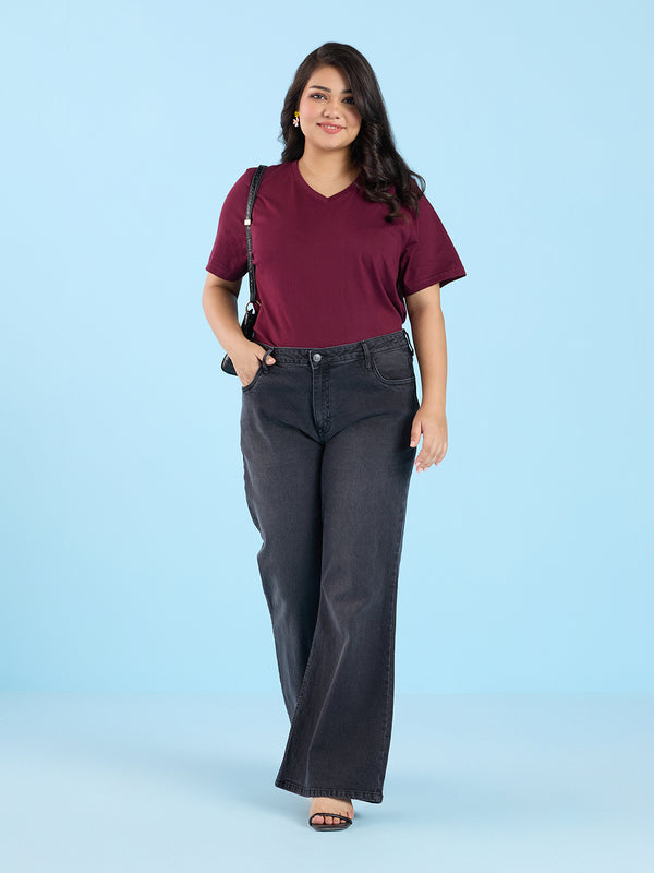 Plus Size Dark Wine V Neck T-Shirt | XL-7XL