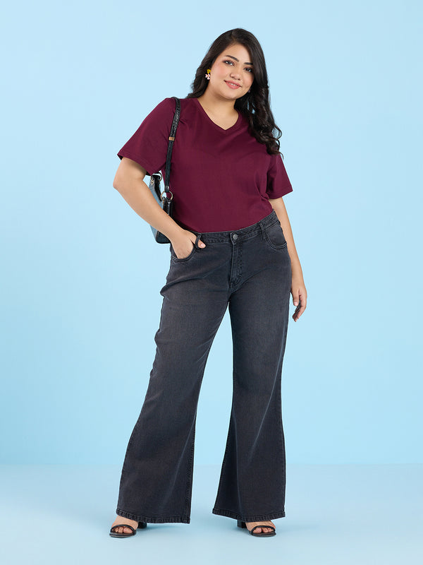 Plus Size Dark Wine V Neck T-Shirt | XL-7XL