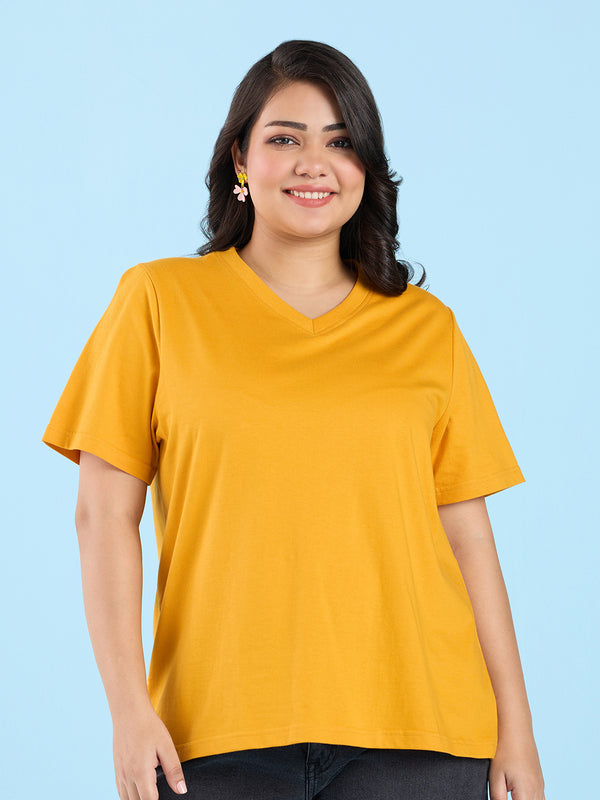 Plus Size Mustard V Neck T-Shirt | XL-7XL