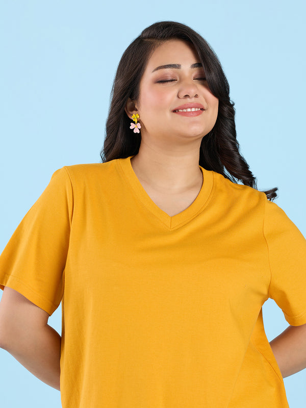 Plus Size Mustard V Neck T-Shirt | XL-7XL