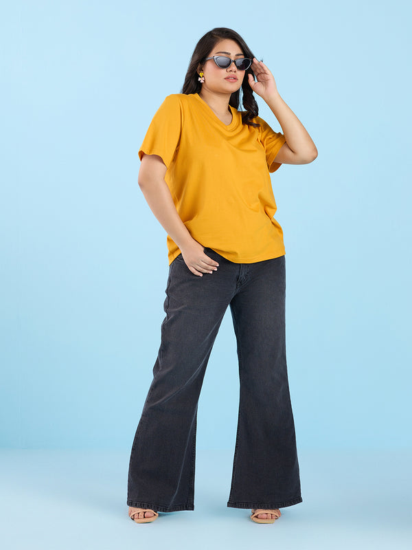 Plus Size Mustard V Neck T-Shirt | XL-7XL