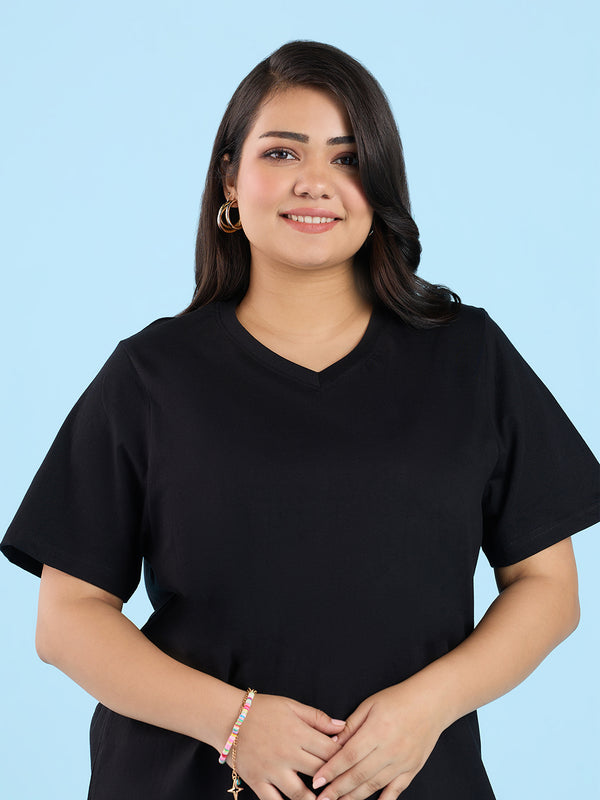 Plus Size Jet Black V Neck T-Shirt | XL-7XL