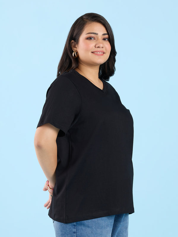 Plus Size Jet Black V Neck T-Shirt | XL-7XL