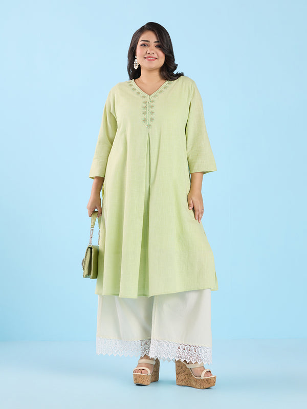 Plus Size Pastel Green Slub Kurta | XL-7XL