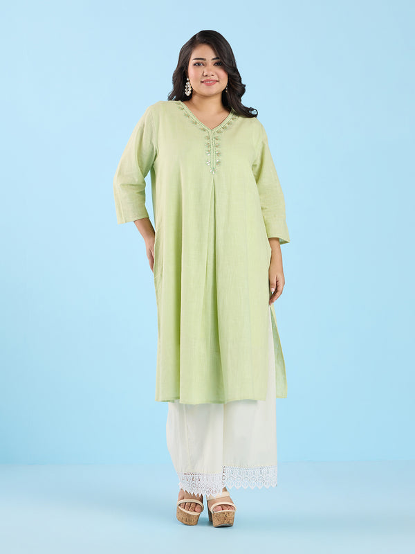 Plus Size Pastel Green Slub Kurta | XL-7XL