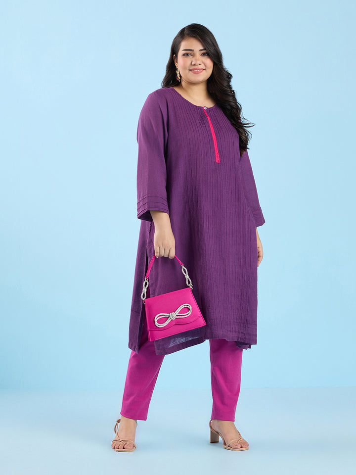 Solid Purple Pin Tuck Slub Kurta