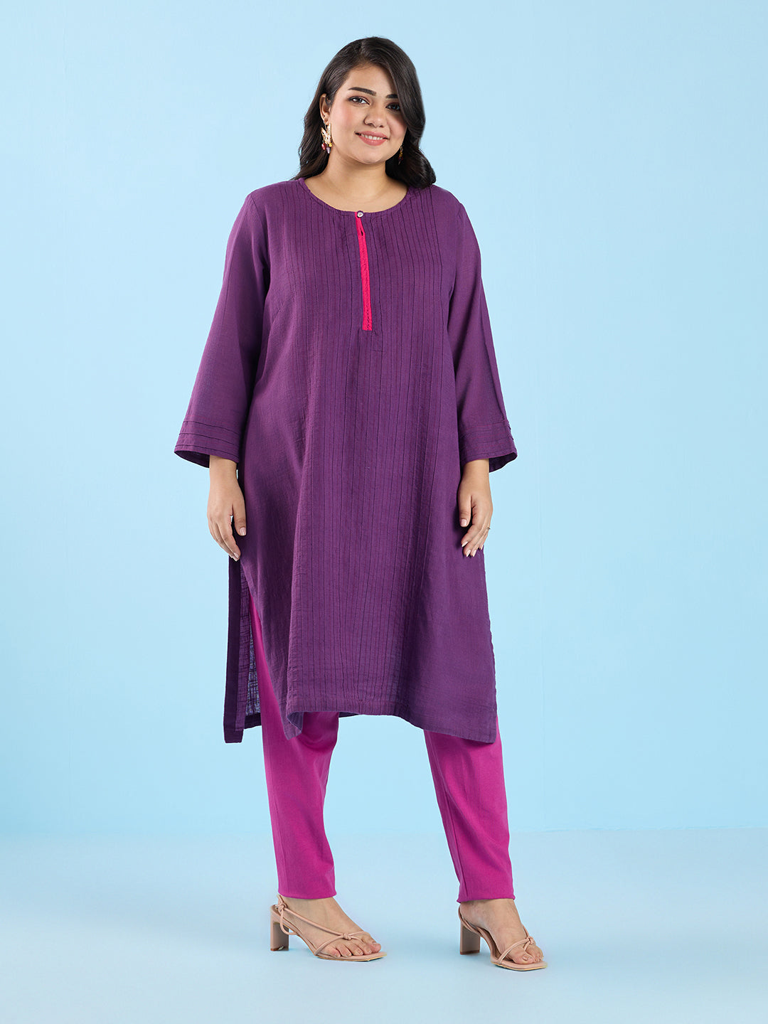 Solid Purple Pin Tuck Slub Kurta