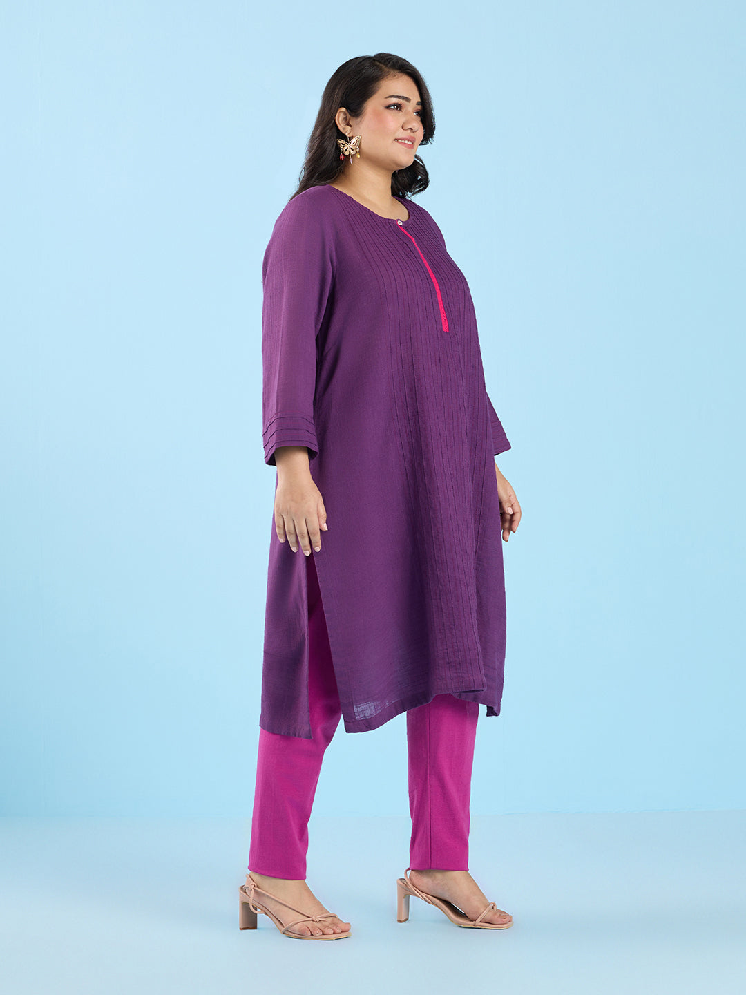 Solid Purple Pin Tuck Slub Kurta