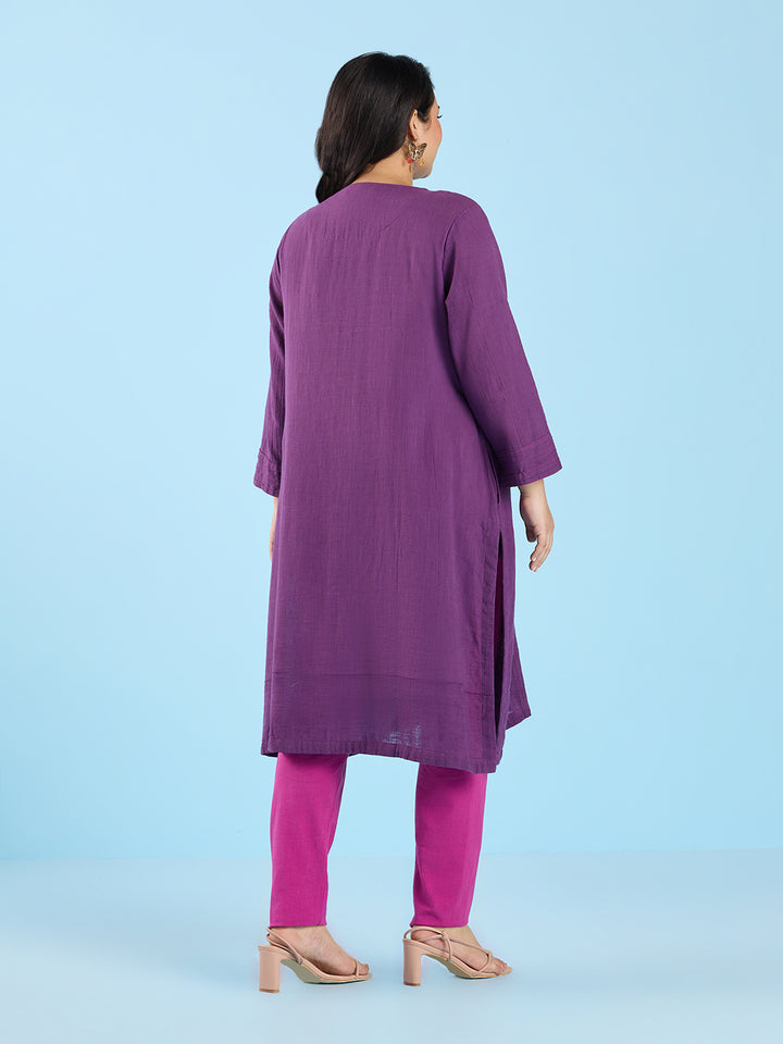 Solid Purple Pin Tuck Slub Kurta