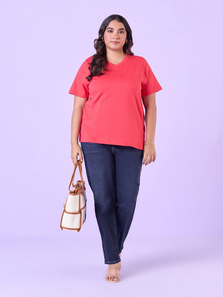 Coral Pink V Neck T-Shirt