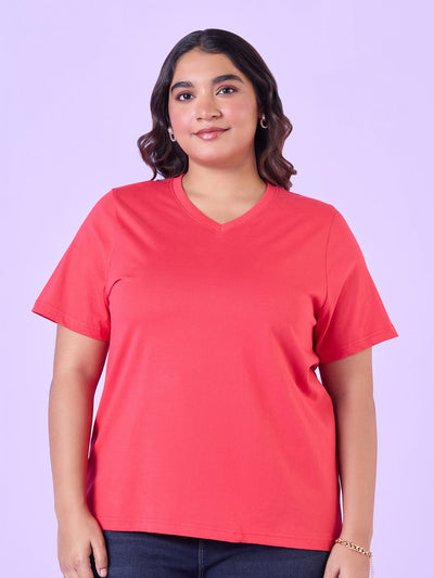 Plus Size Coral Pink V Neck T-Shirt | XL-7XL