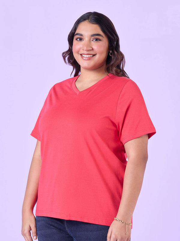 Plus Size Coral Pink V Neck T-Shirt | XL-7XL