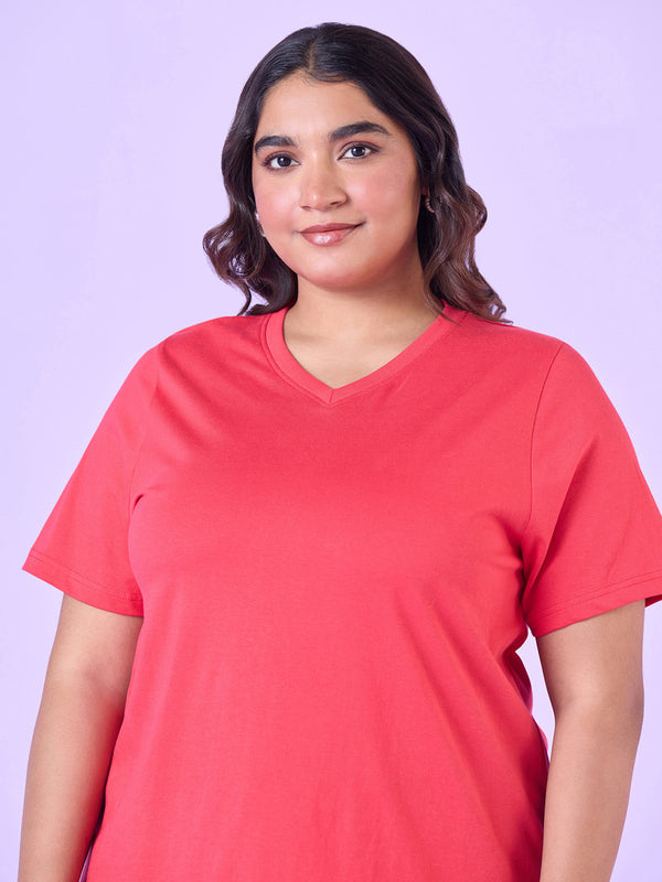 Plus Size Coral Pink V Neck T-Shirt | XL-7XL