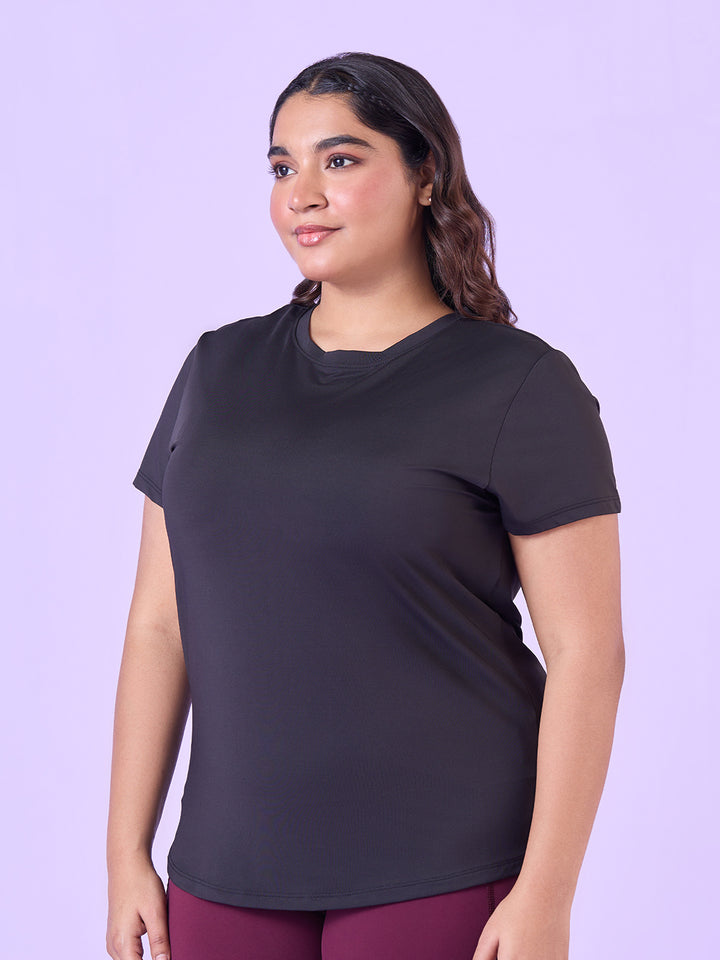 Jet Black Stretchable T-Shirt With Pockets