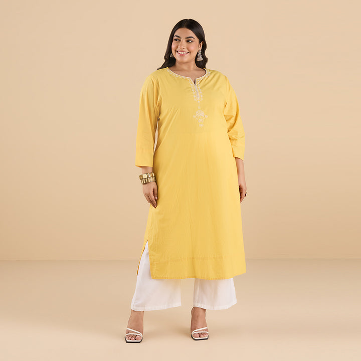 Yellow Cotton Embroidered  Kurta