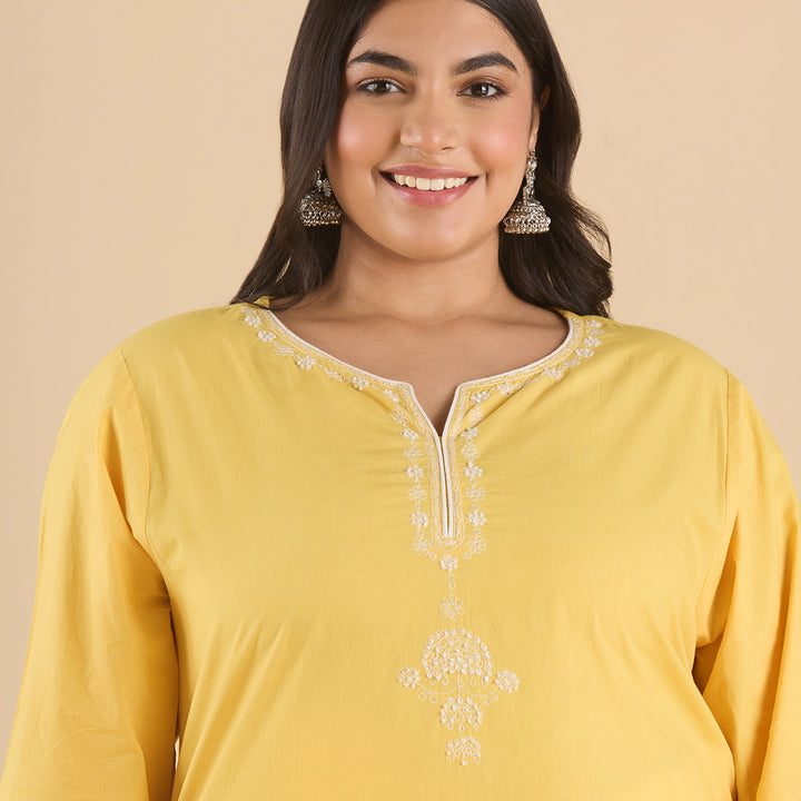 Yellow Cotton Embroidered  Kurta