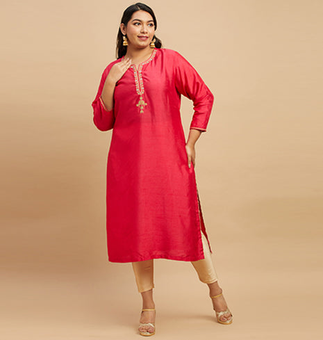 Bright Red Embroidered Kurta