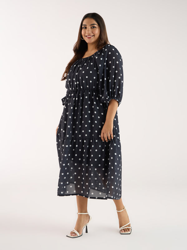 Plus Size Black Polka Georgette Dress | XL-7XL