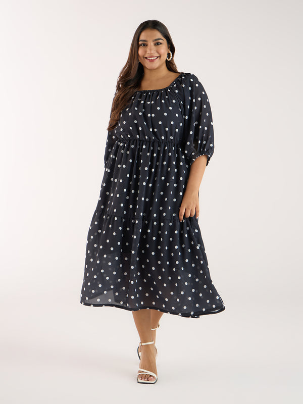 Plus Size Black Polka Georgette Dress | XL-7XL