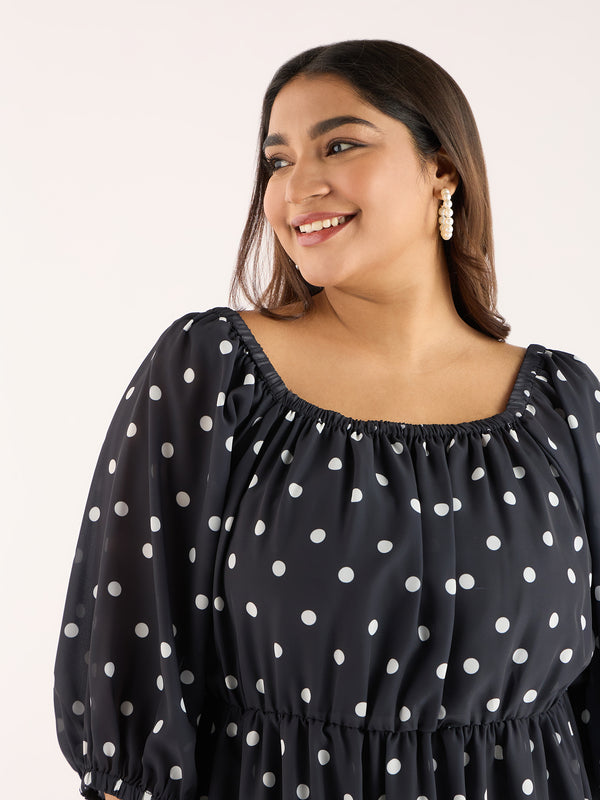 Plus Size Black Polka Georgette Dress | XL-7XL