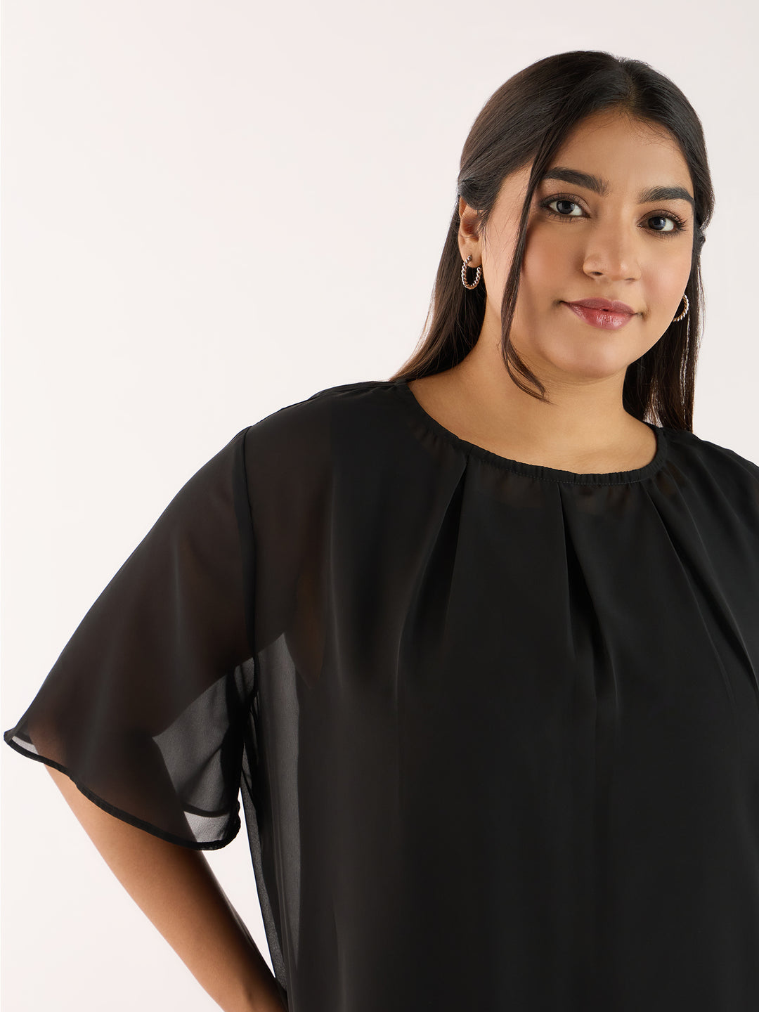 Solid Black  Top With Pleated Neckline