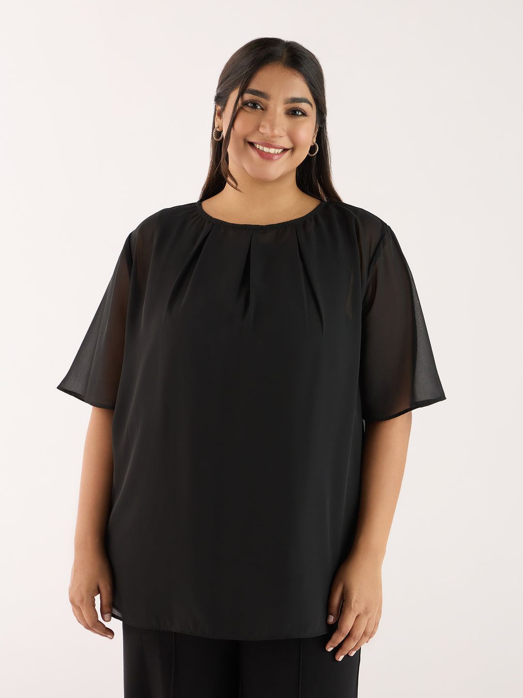 Solid Black  Top With Pleated Neckline