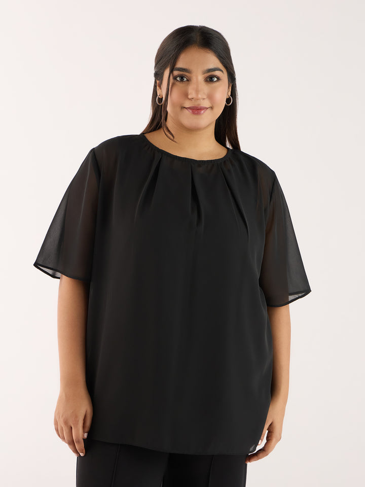 SOLID BLACK TOP WITH PLEATED NECKLINE | XL-7XL