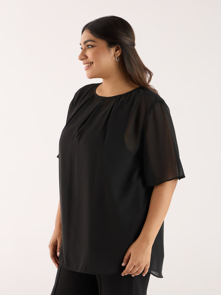 Solid Black  Top With Pleated Neckline