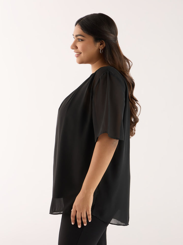 Solid Black  Top With Pleated Neckline