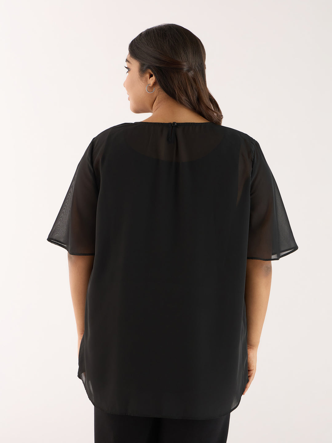Solid Black  Top With Pleated Neckline
