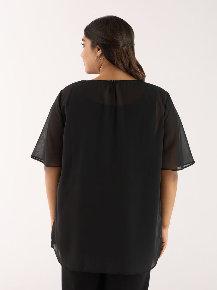 SOLID BLACK TOP WITH PLEATED NECKLINE | XL-7XL