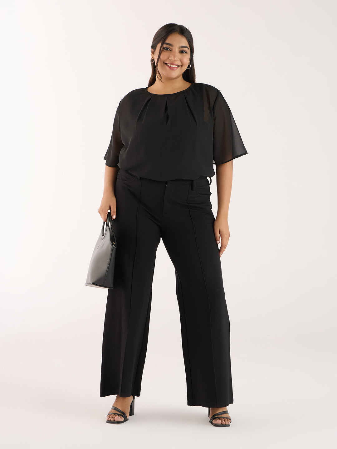 SOLID BLACK TOP WITH PLEATED NECKLINE | XL-7XL