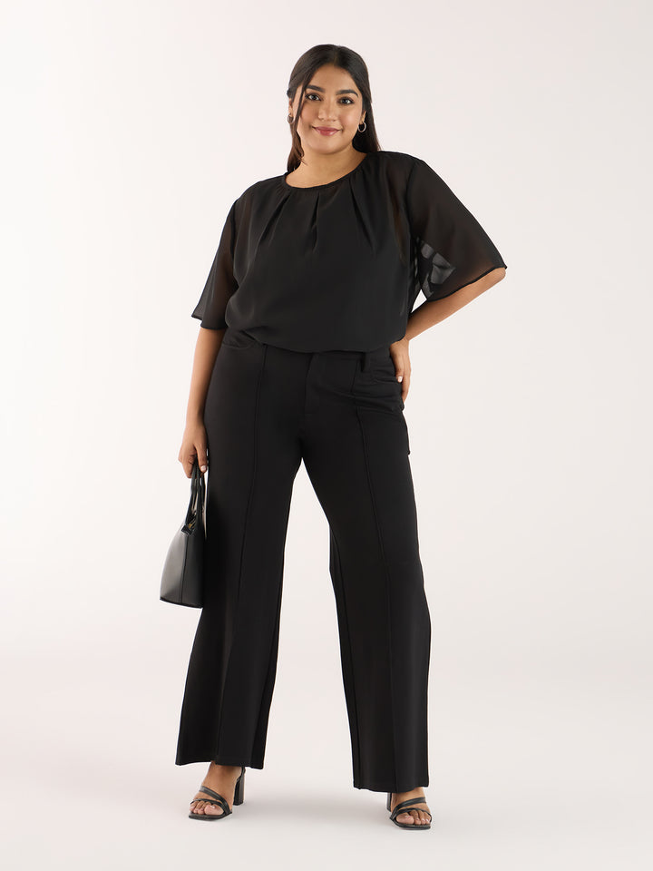 Solid Black  Top With Pleated Neckline