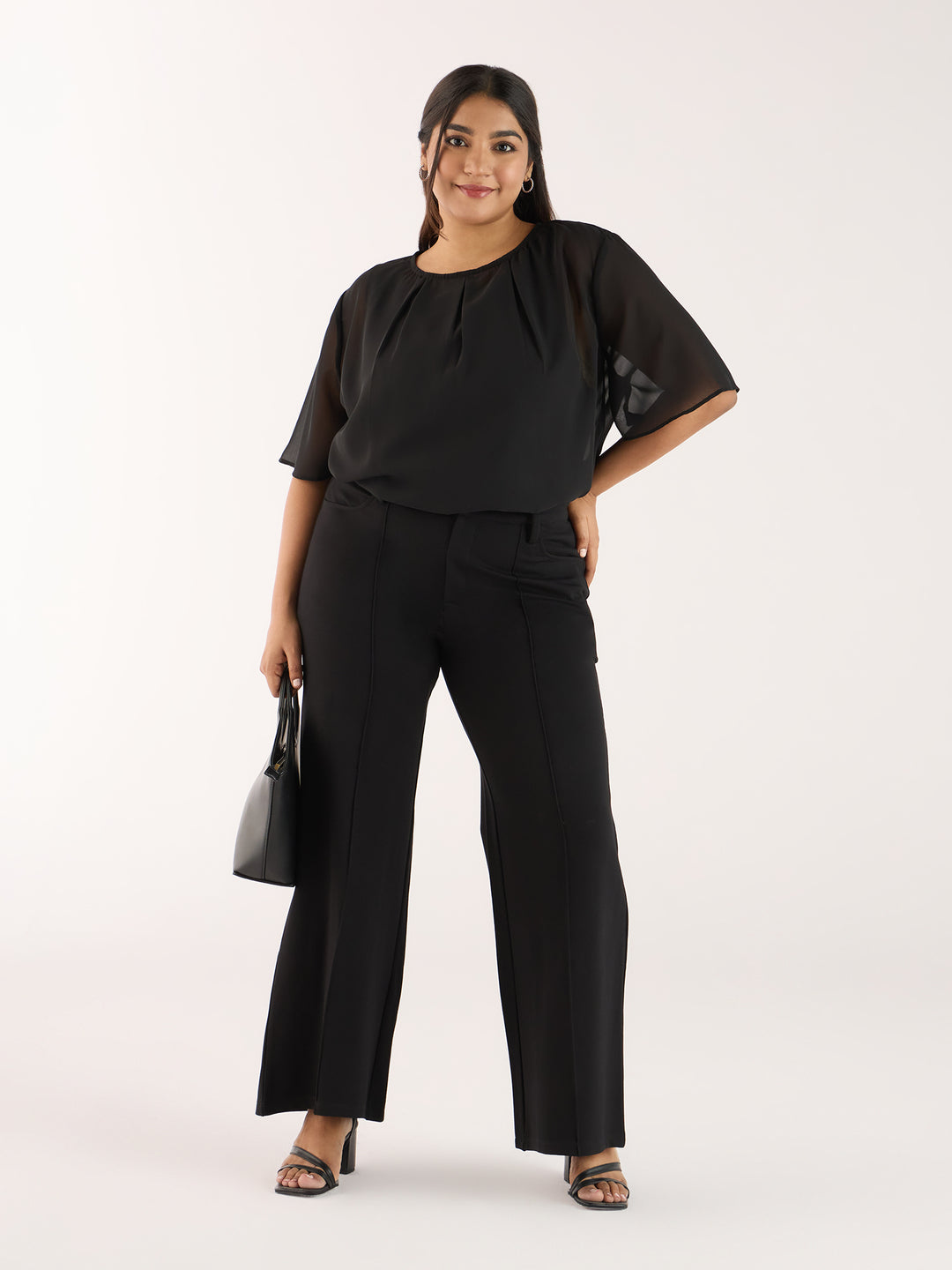 SOLID BLACK TOP WITH PLEATED NECKLINE | XL-7XL