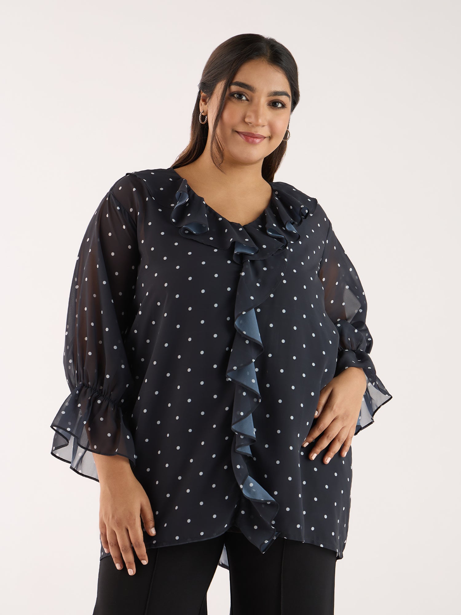 Discover Your Perfect Fit Shop Plus Size Polka Dot Black Ruffle Neckline Top for WOMEN Big Hello