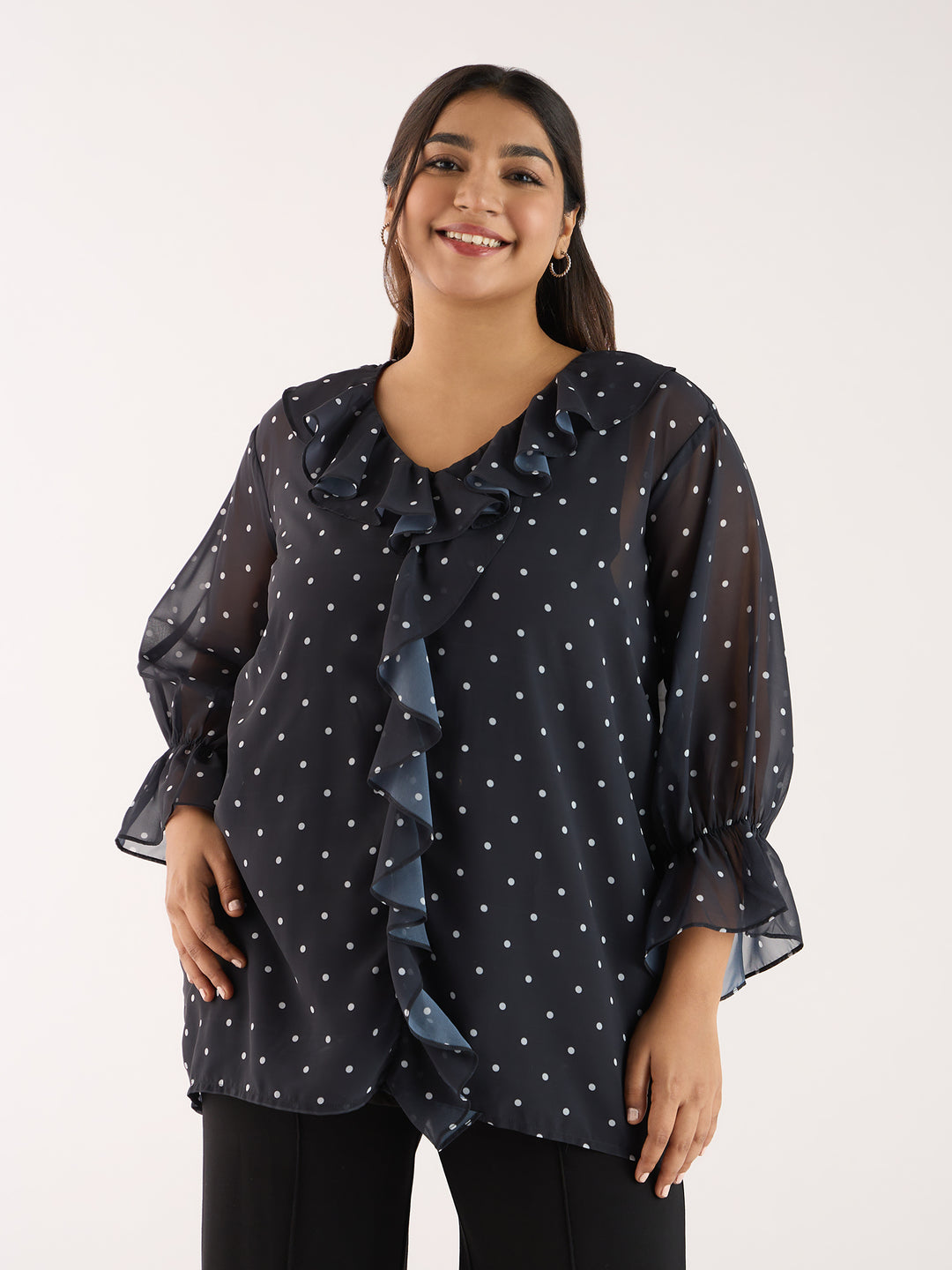 Polka Dot Black Ruffle Neckline Top