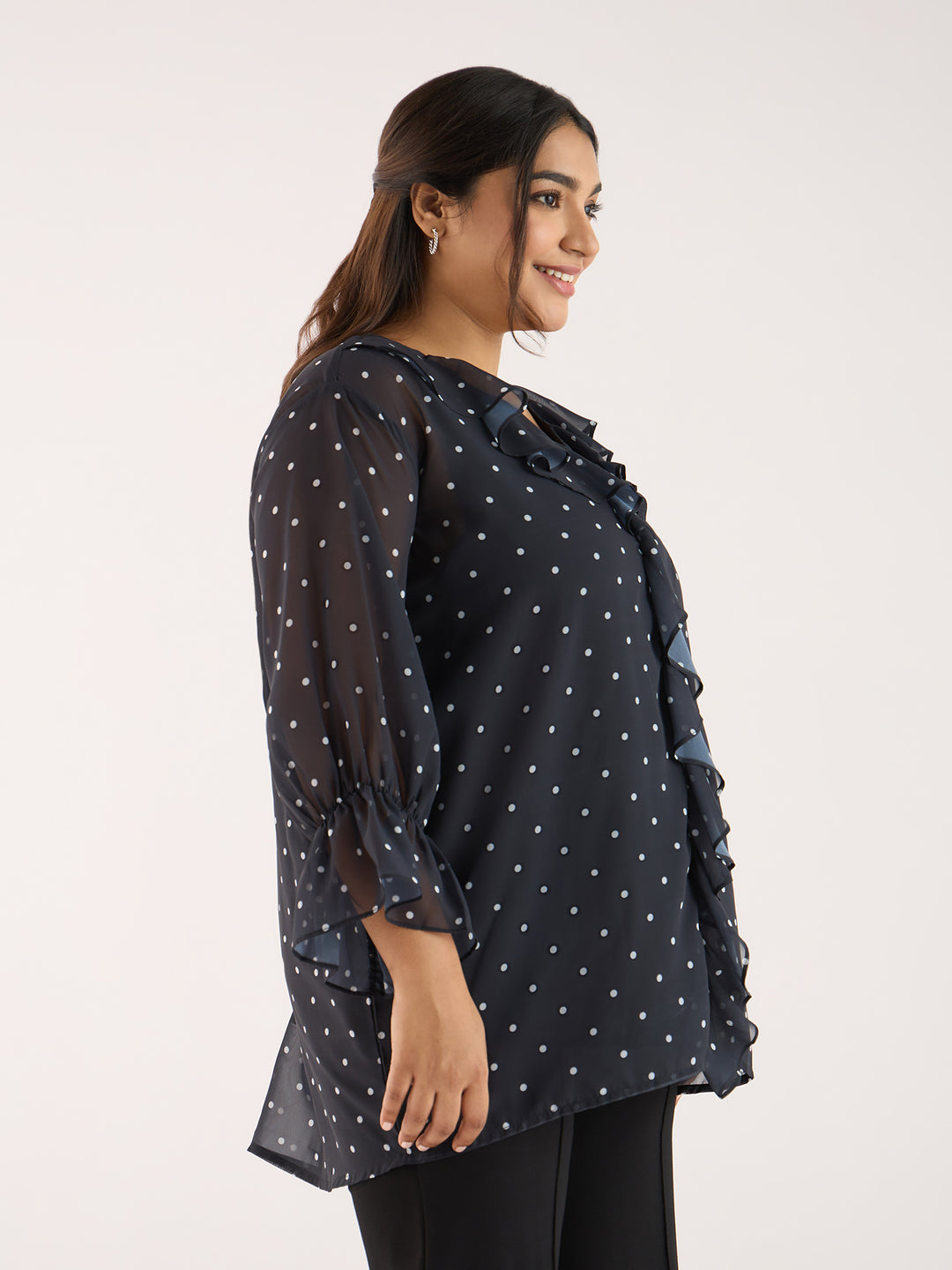 Polka Dot Black Ruffle Neckline Top