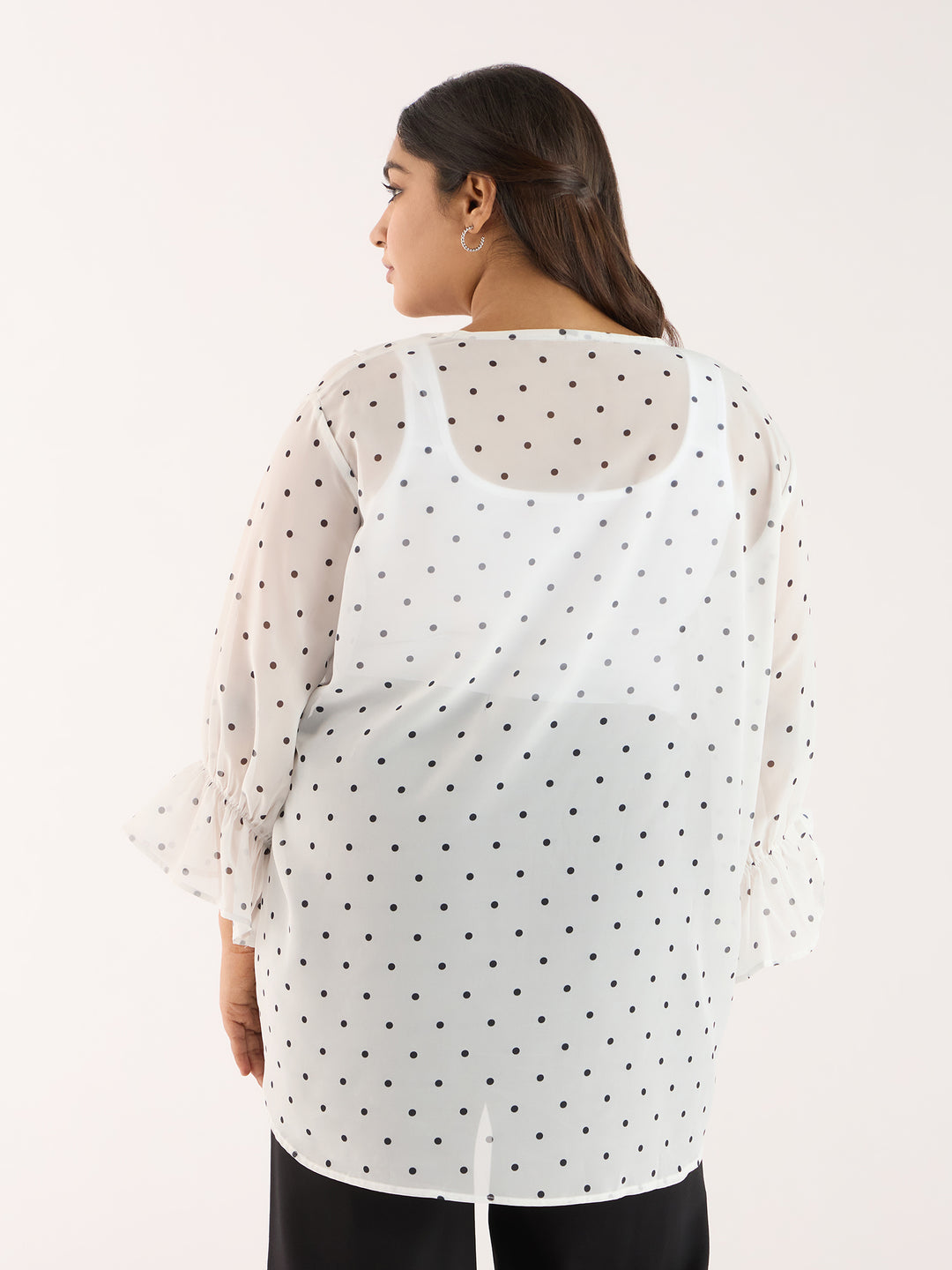 Polka Dot White Ruffle Neckline Top