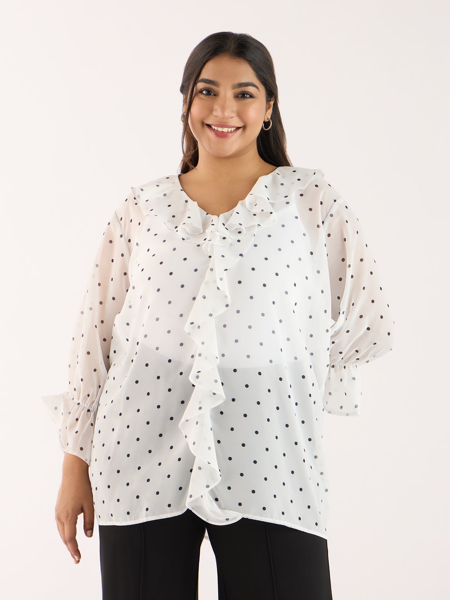Discover Your Perfect Fit Shop Plus Size Polka Dot White Ruffle Neckline Top for WOMEN Big Hello