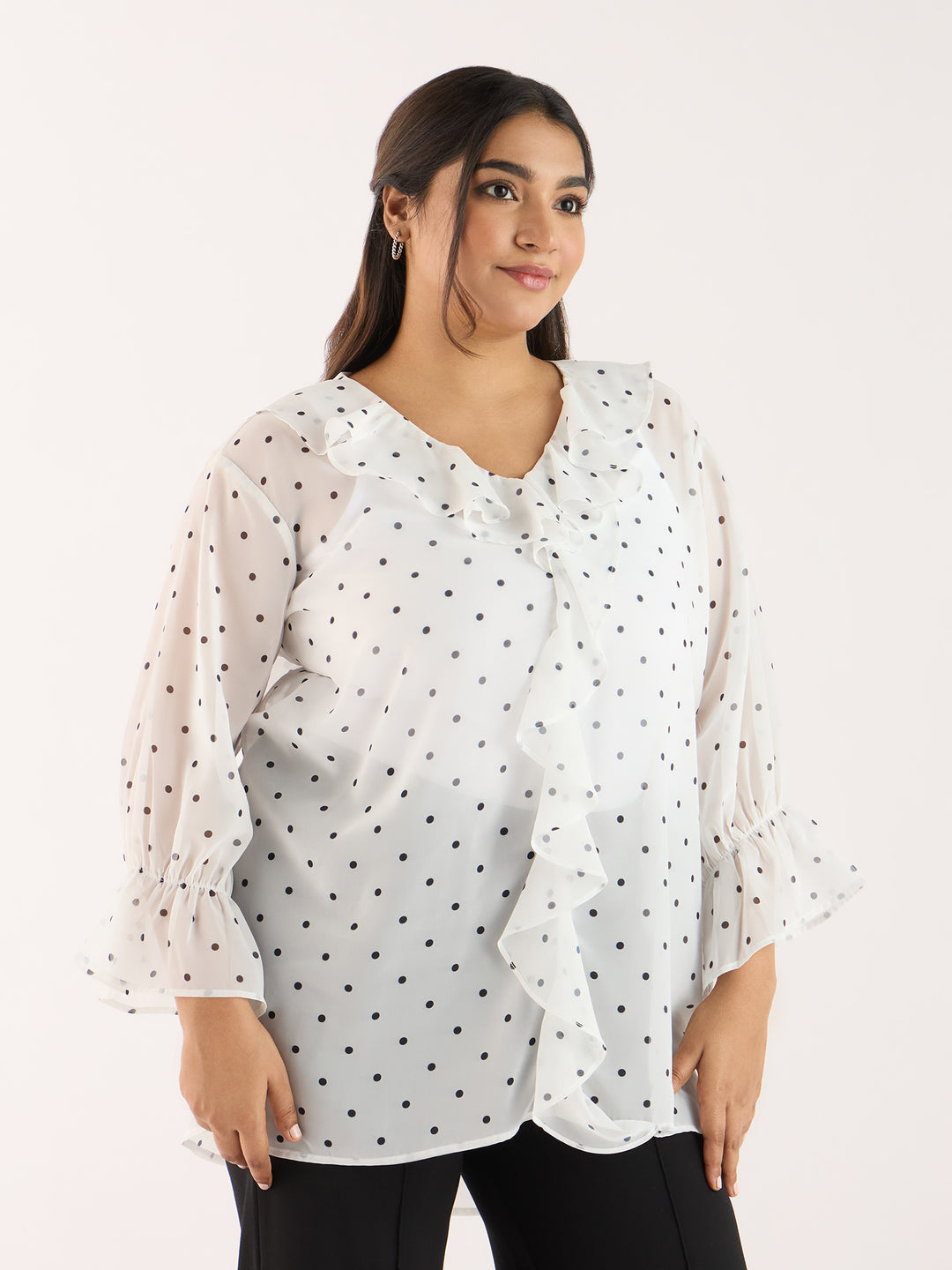 Polka Dot White Ruffle Neckline Top