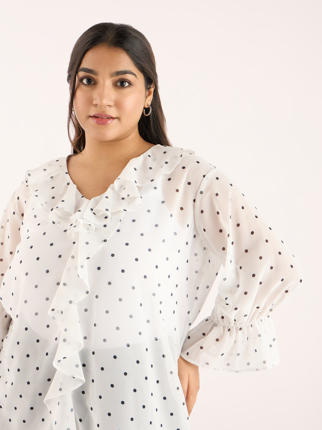 Polka Dot White Ruffle Neckline Top