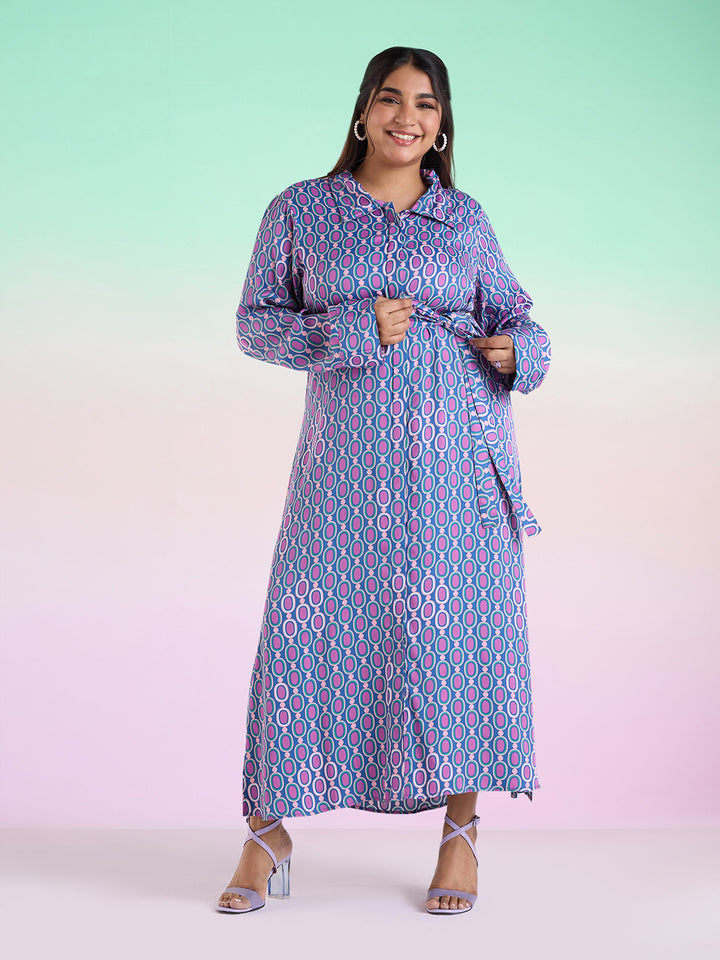 Geometric Printed Satin Shirt Dress