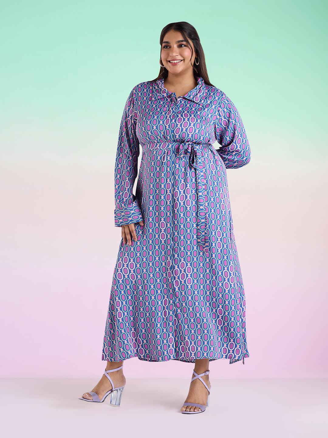 Get Plus Size Geometric Printed Satin Shirt Dress XL-7XL for